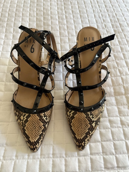 Mix No. 6 Shoes - Mix No. 6 Black Strappy Snake-Print Pointed Heels